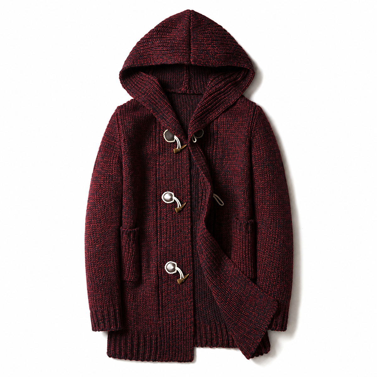 Men's Hooded Toggle Cardigan in Wine – front view | Hensley London