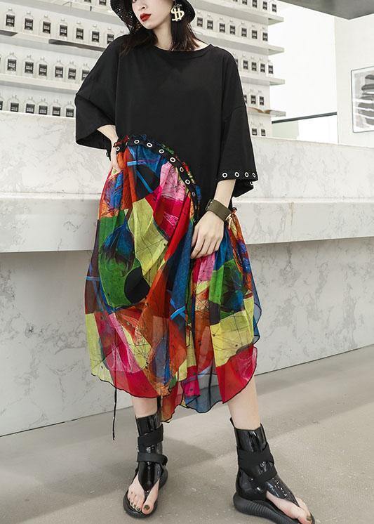 Women's Summer Dress Black Cotton Chiffon Patchwork-2