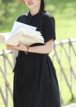 Women's Long Sleeve Dress Black Linen Tie Waist Summer-2