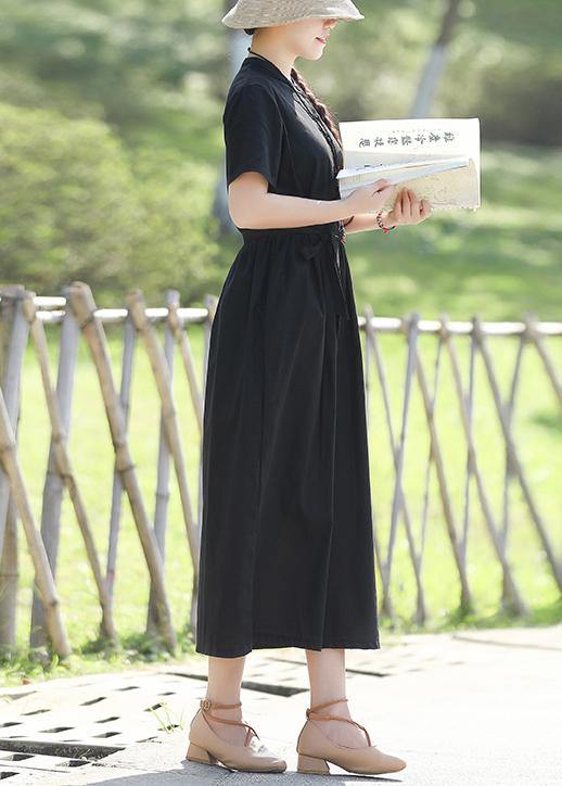 Women's Long Sleeve Dress Black Linen Tie Waist Summer-3