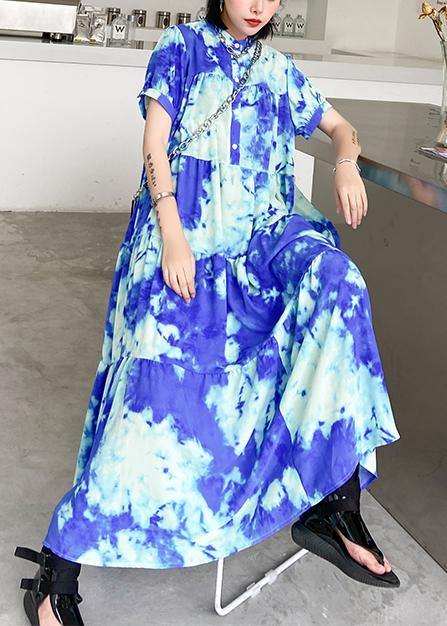 Women's Plus Size Tunic Dress Blue Cotton Stand Collar-2