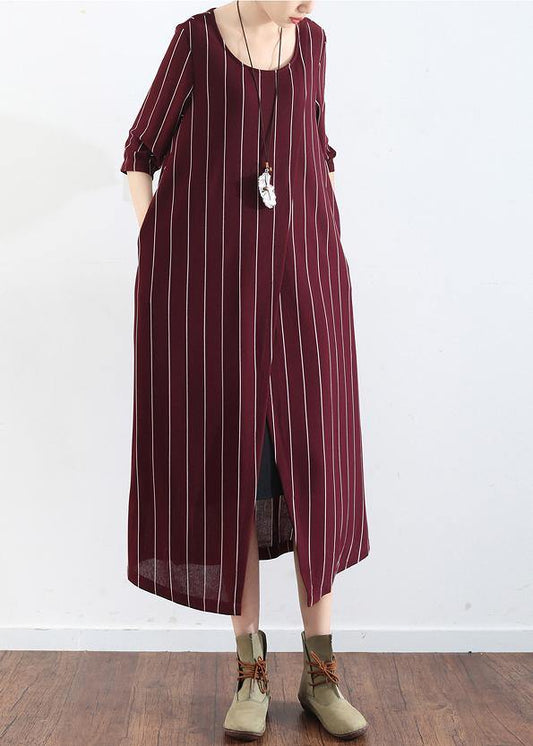 Women's Plus Size Summer Dress Burgundy Cotton Striped Maxi-2