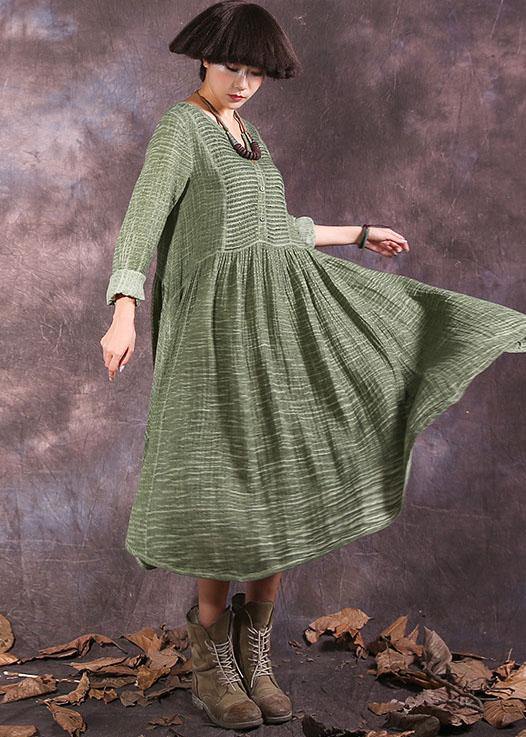 Women's Maxi Dress Green Cotton Long Sleeve V-Neck-3