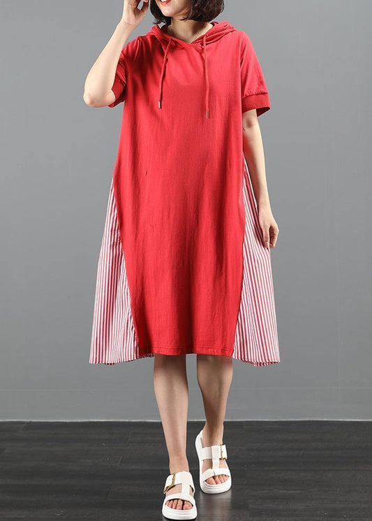 Women's Maxi Dress Red Cotton Hooded Patchwork Striped-2