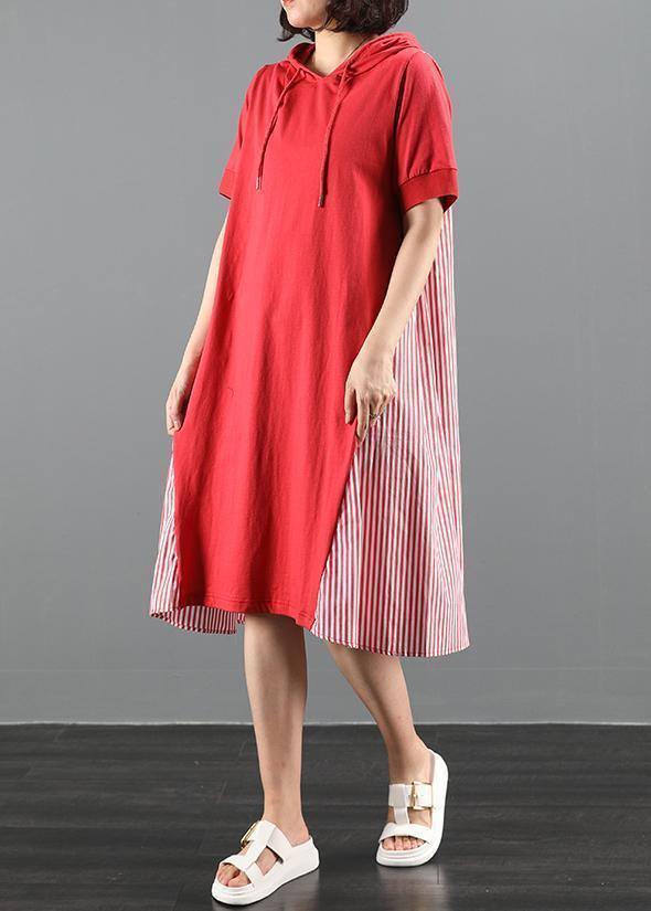 Women's Maxi Dress Red Cotton Hooded Patchwork Striped-3