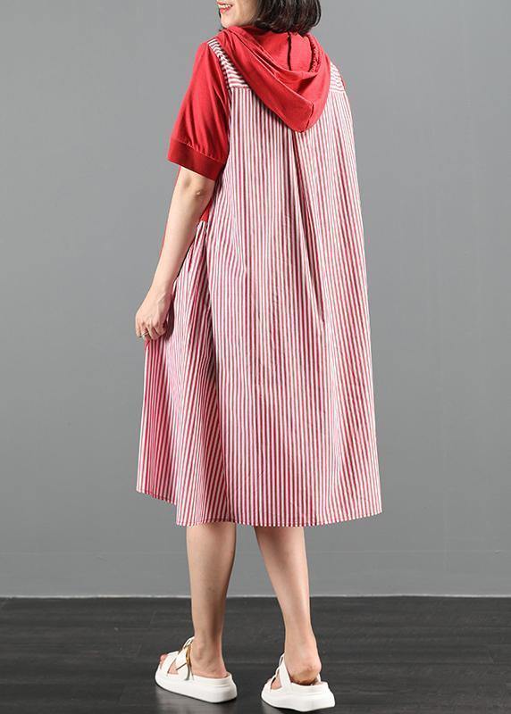 Women's Maxi Dress Red Cotton Hooded Patchwork Striped-4