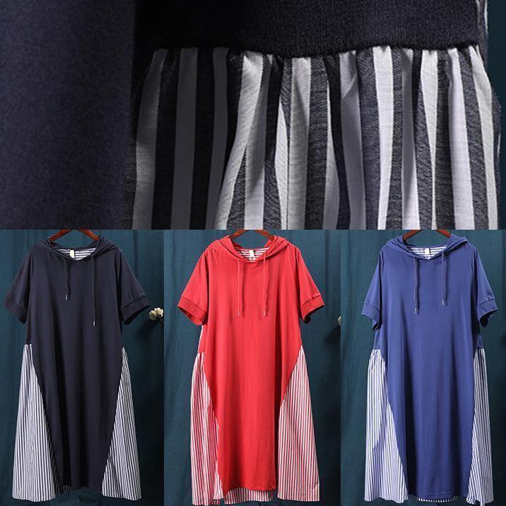 Women's Maxi Dress Red Cotton Hooded Patchwork Striped-5
