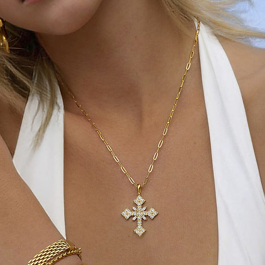 18k Gold-Plated Crystal Cross Necklace with Paperclip Chain – Waterproof, Hypoallergenic Jewelry for Women 1
