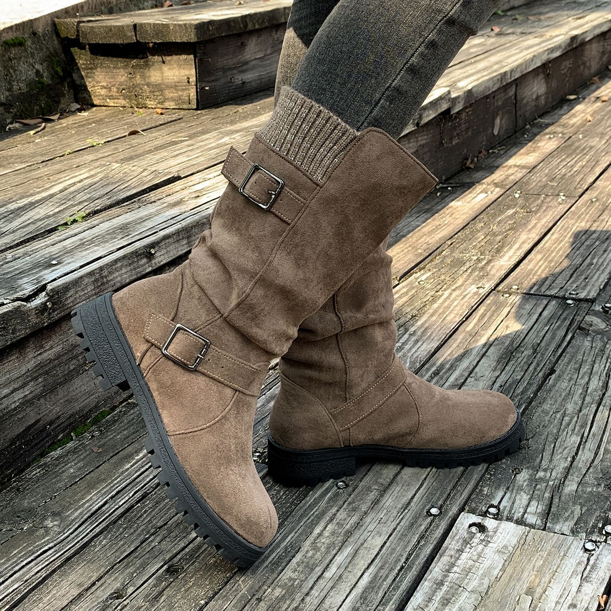 Women's Knit-Panel Mid-Calf Boots in Light Brown – rear three-quarter view | Hensley London