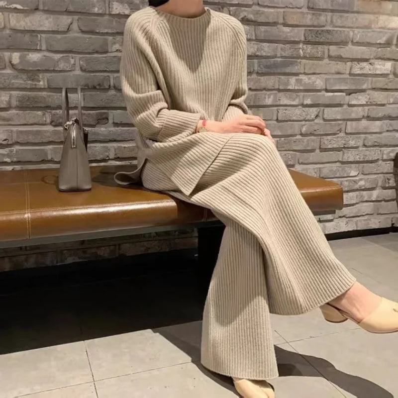 2-Pieces Knitted Tracksuit Sweater and Wide Leg Jogging Pants Set 0