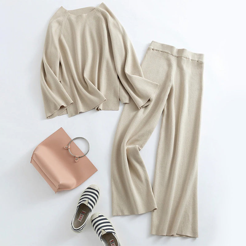 2-Pieces Knitted Tracksuit Sweater and Wide Leg Jogging Pants Set 1
