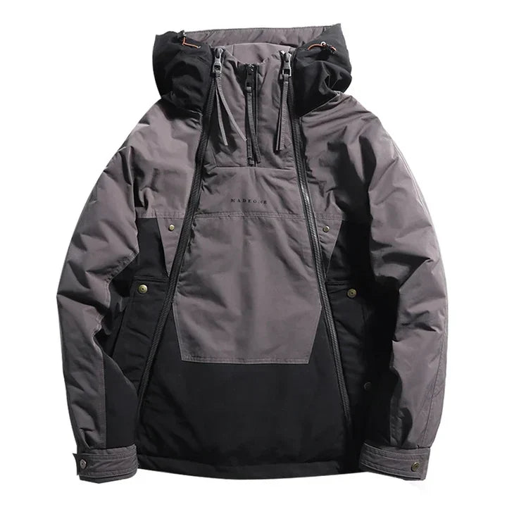 Men's Hooded Colourblock Double-Zip Jacket in Black and dark grey – front flat-lay view | Hensley London