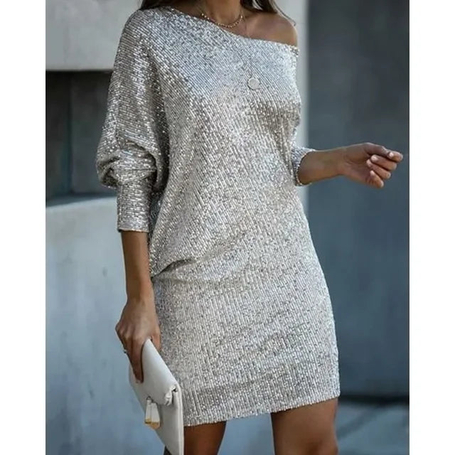 Women's Mini Dress Black Sequin Polyester Off-Shoulder-6