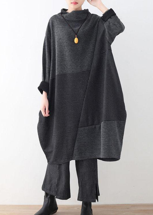 Women's Two-Piece Set Gray Striped Sweater and Wide Leg Knit Pants - 2