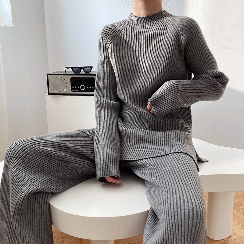 2Pcs Soft Knitted Sweater and High-Waisted Loose Pants Tracksuit Set 8