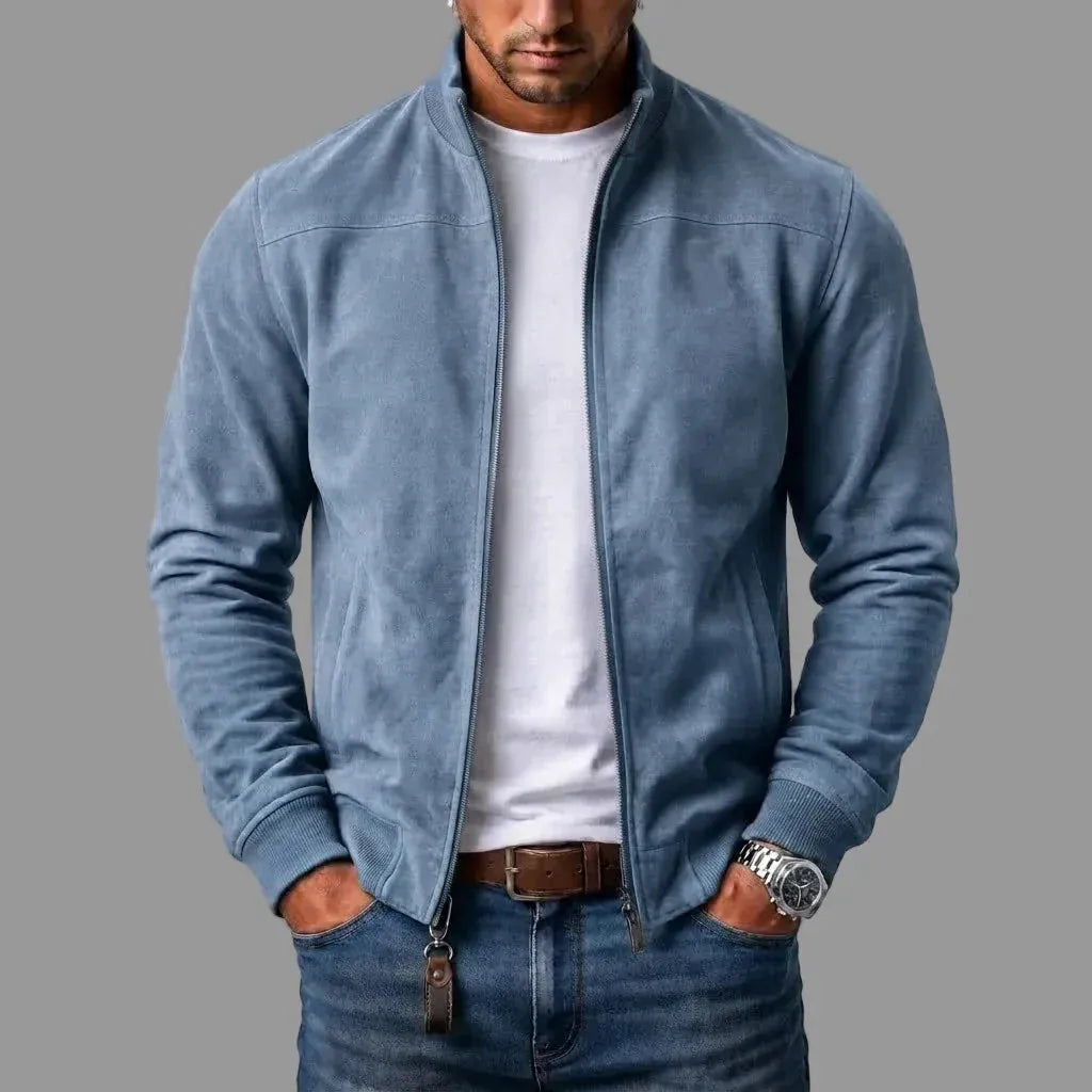 Men's Stand Collar Zip-Up Bomber Jacket in Light Blue – front view on model | Hensley London