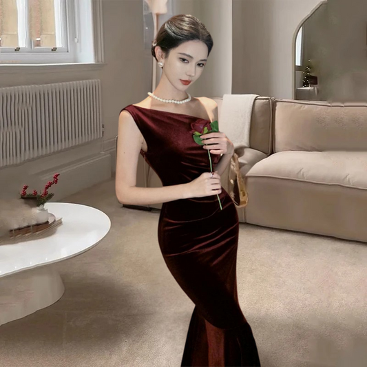 Women's Evening Gown Wine Red Velvet Mermaid Silhouette-2