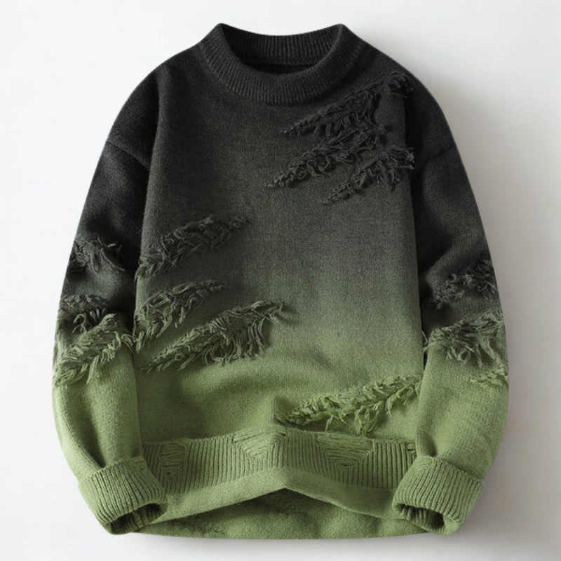 Men's Ombre Crew-Neck Jumper with Frayed Accents in Green – front product view | Hensley London