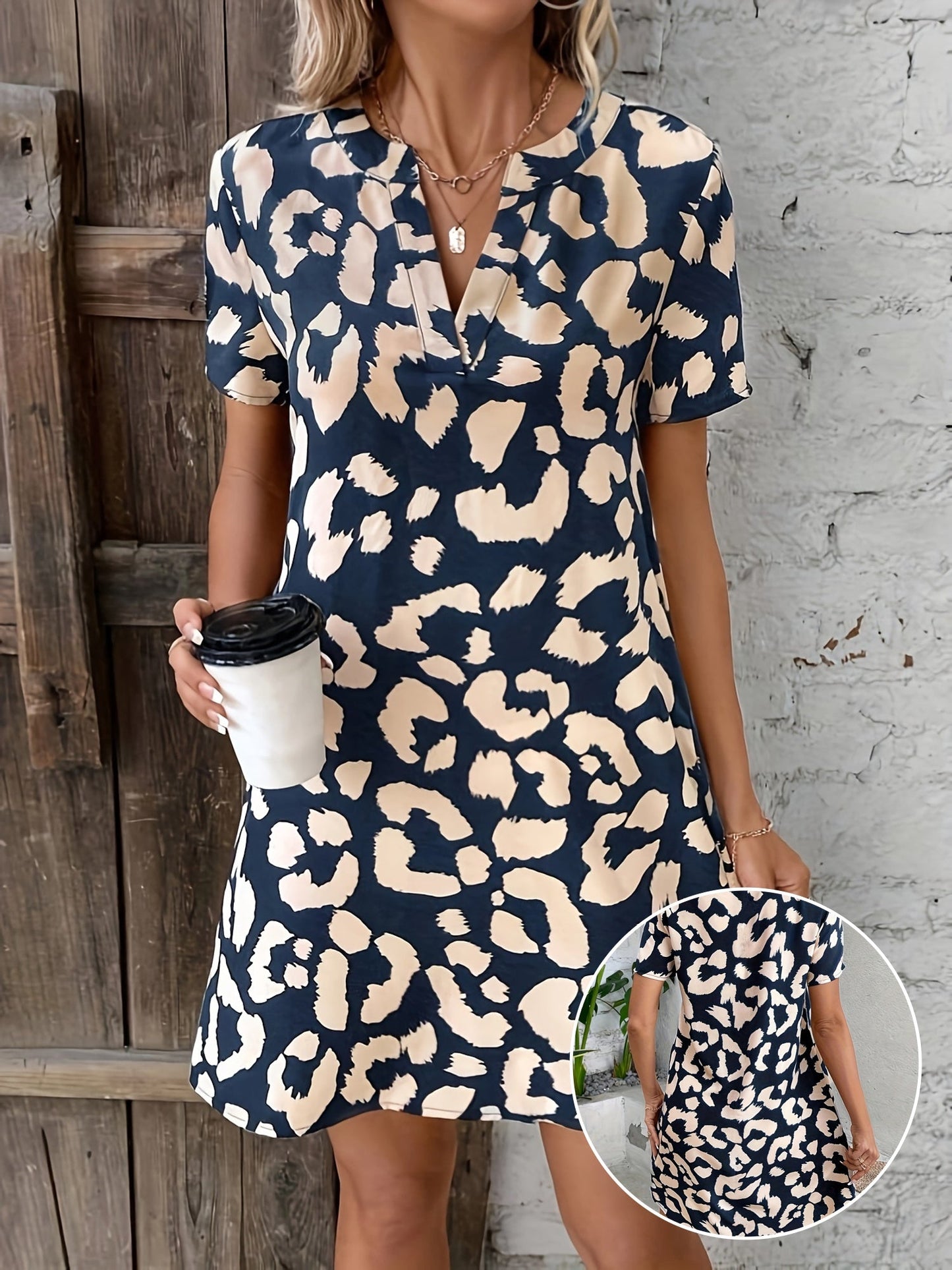 Women's V-Neck Dress Leopard Print Short Sleeve Polyester 1