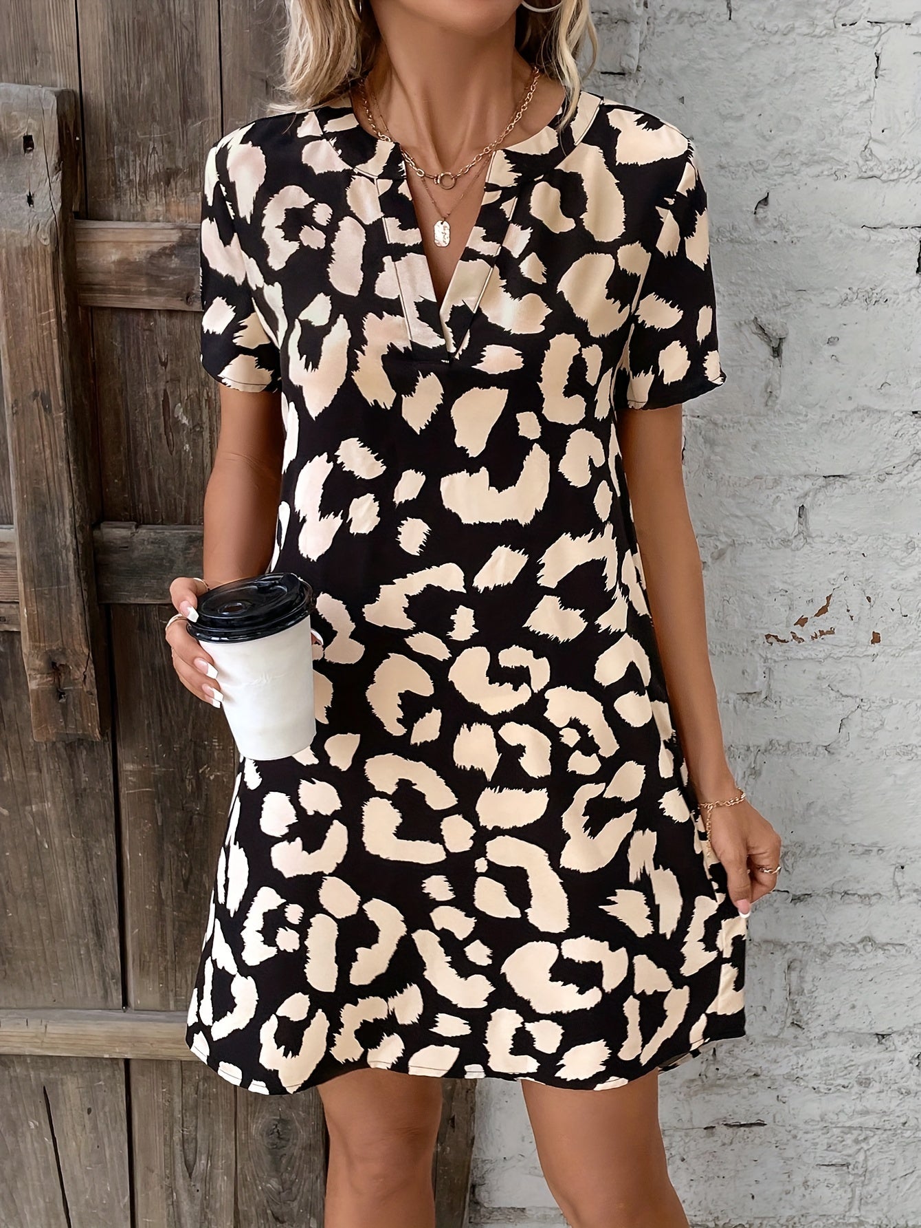 Women's V-Neck Dress Leopard Print Short Sleeve Polyester 2