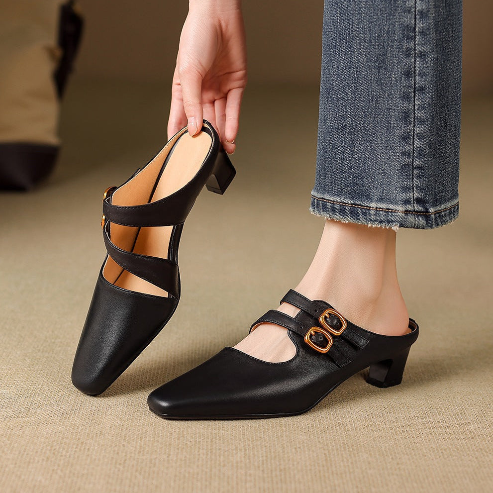 Women's Genuine Leather Dual-Strap Mary Jane Mules – product view | Hensley London
