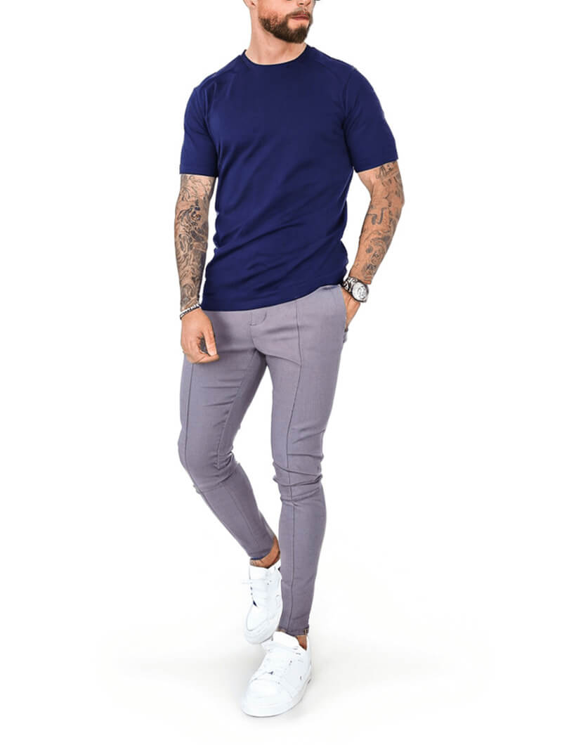 Men's Cotton Stretch Slim Fit T-Shirt in Navy Blue – styled view | Hensley London