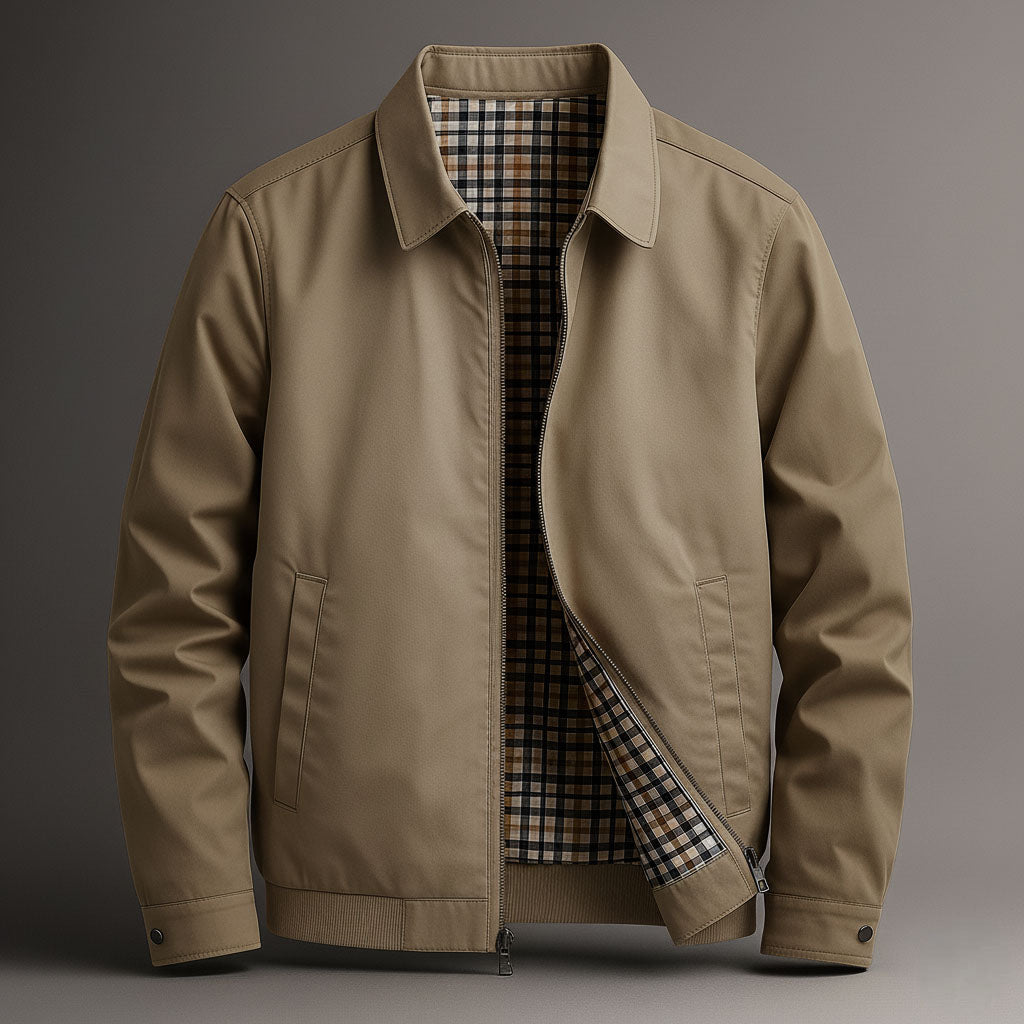 Men's Cotton Zip Jacket with Checked Lining in Dark Khaki - product view | Hensley London