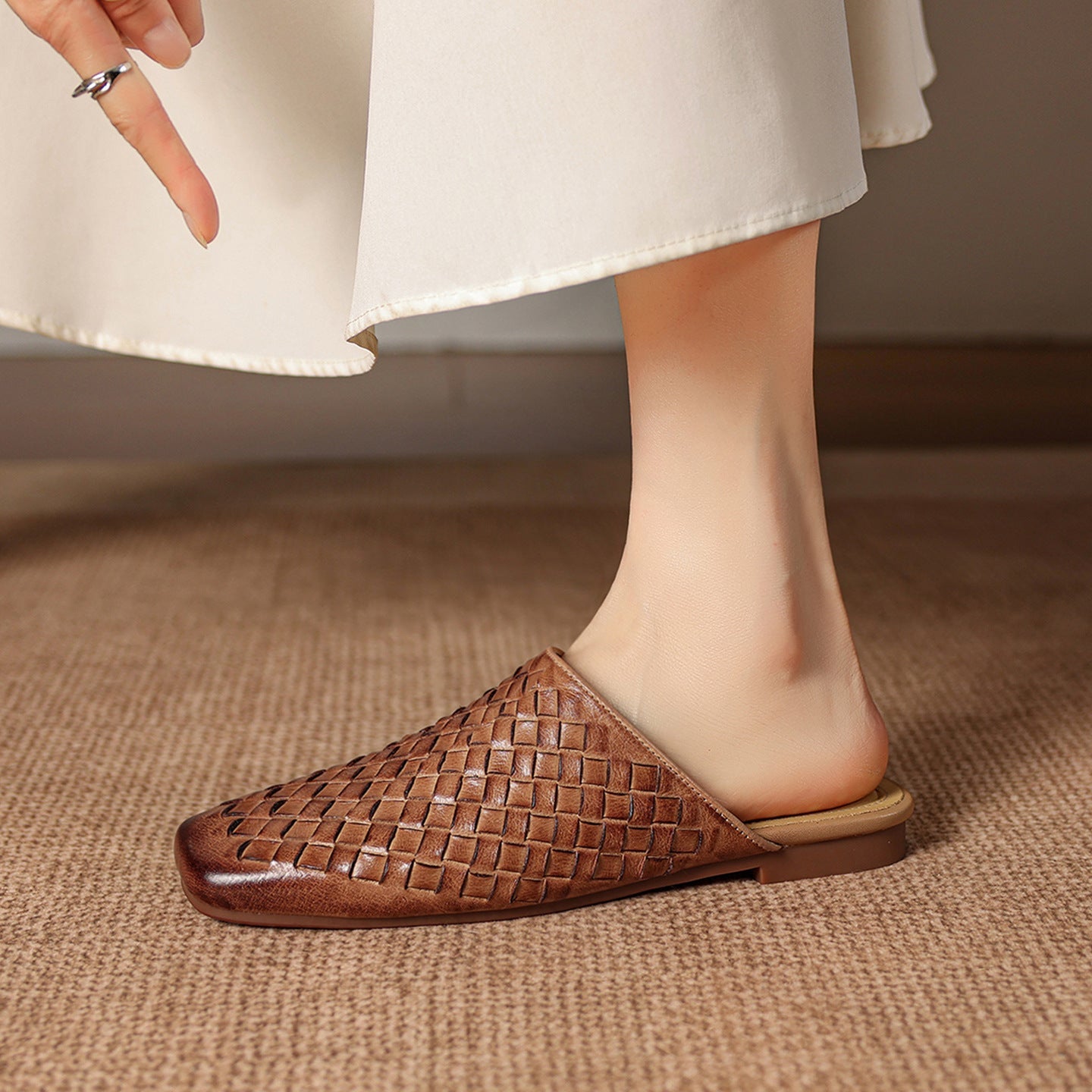 Women's Woven Leather Square-Toe Slip-On Mules – product view | Hensley London