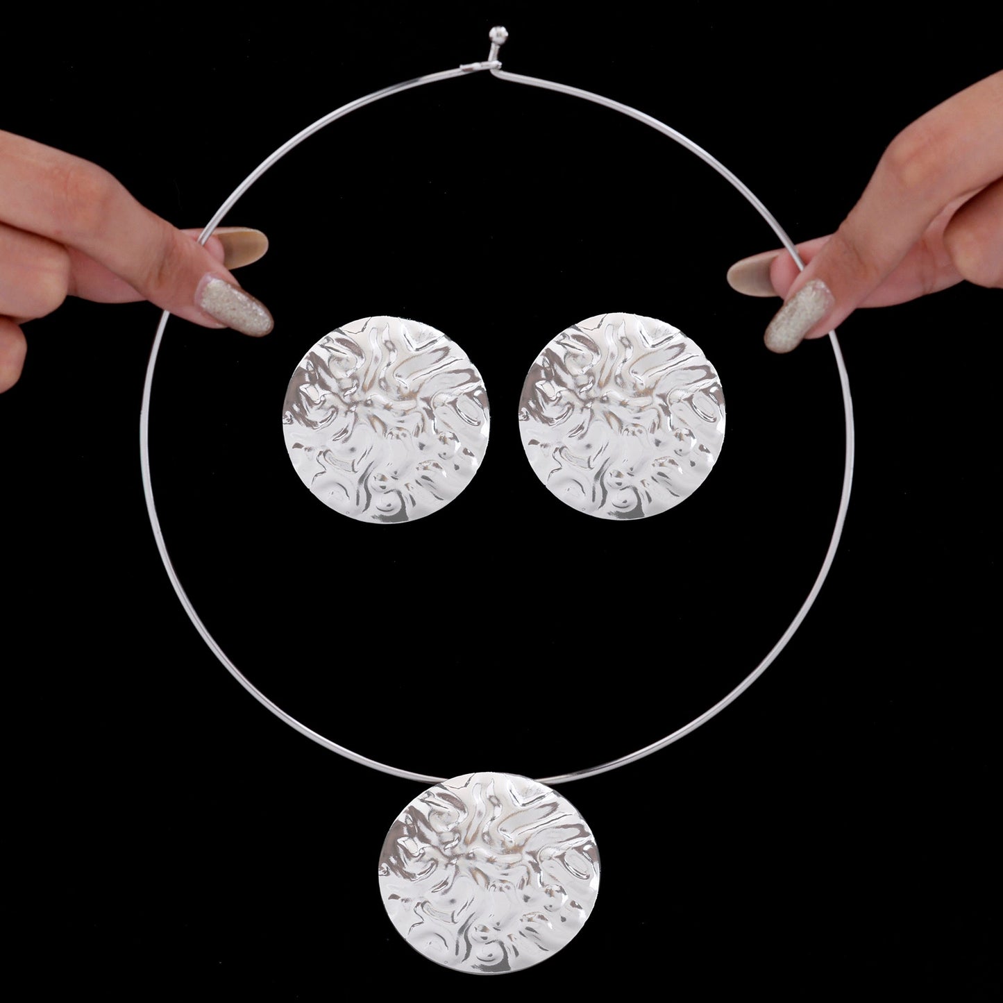 Anti-Tarnish Silver Necklace and Earring Set with Hammered Coin Design 3