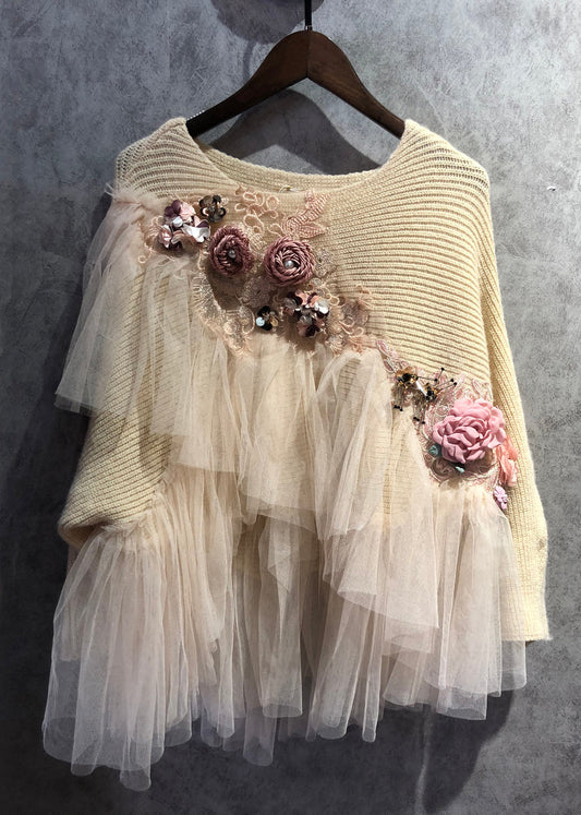 Women's Sweater Beige Knit with Tulle Patchwork Design - 1