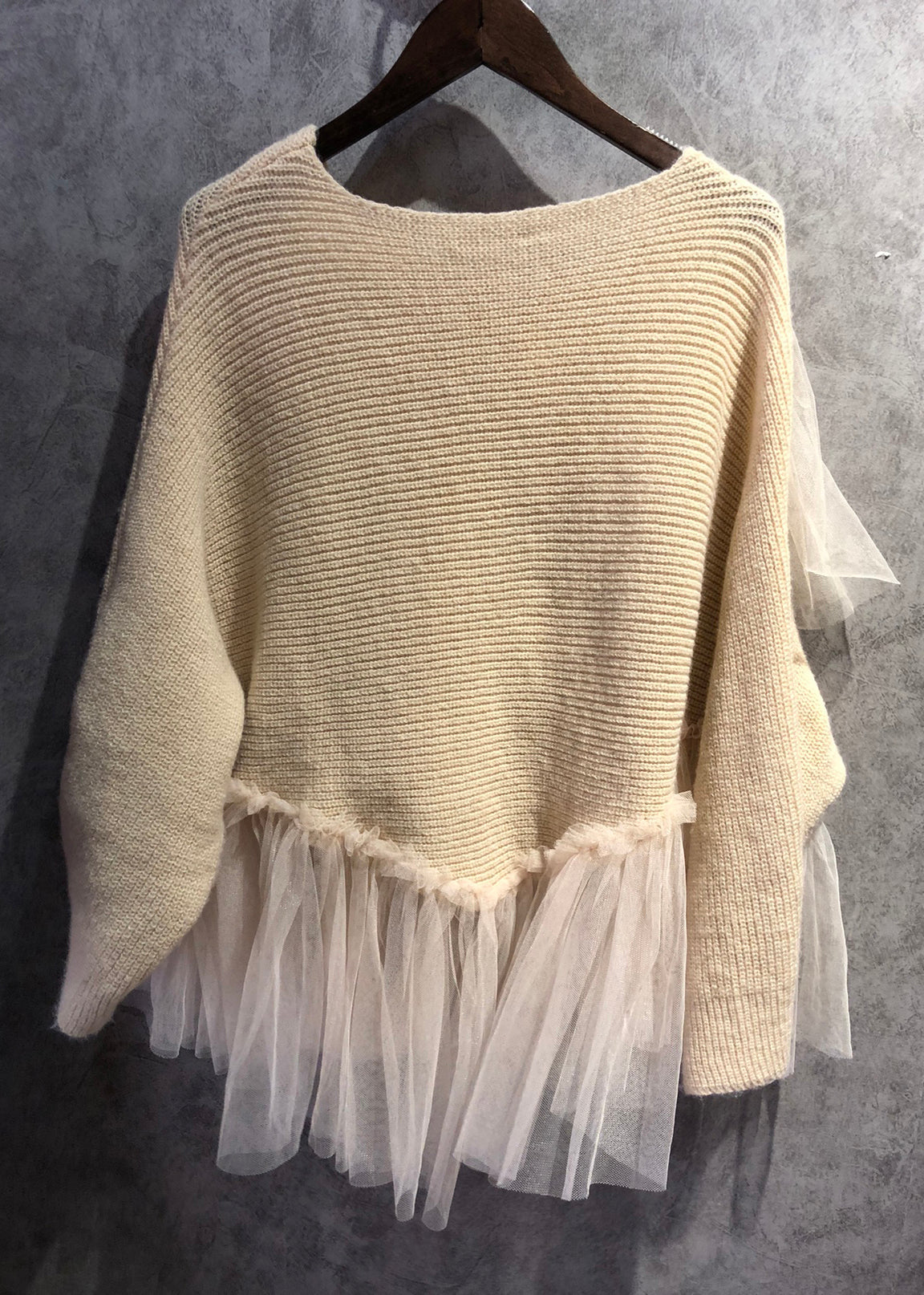 Women's Sweater Beige Knit with Tulle Patchwork Design - 2