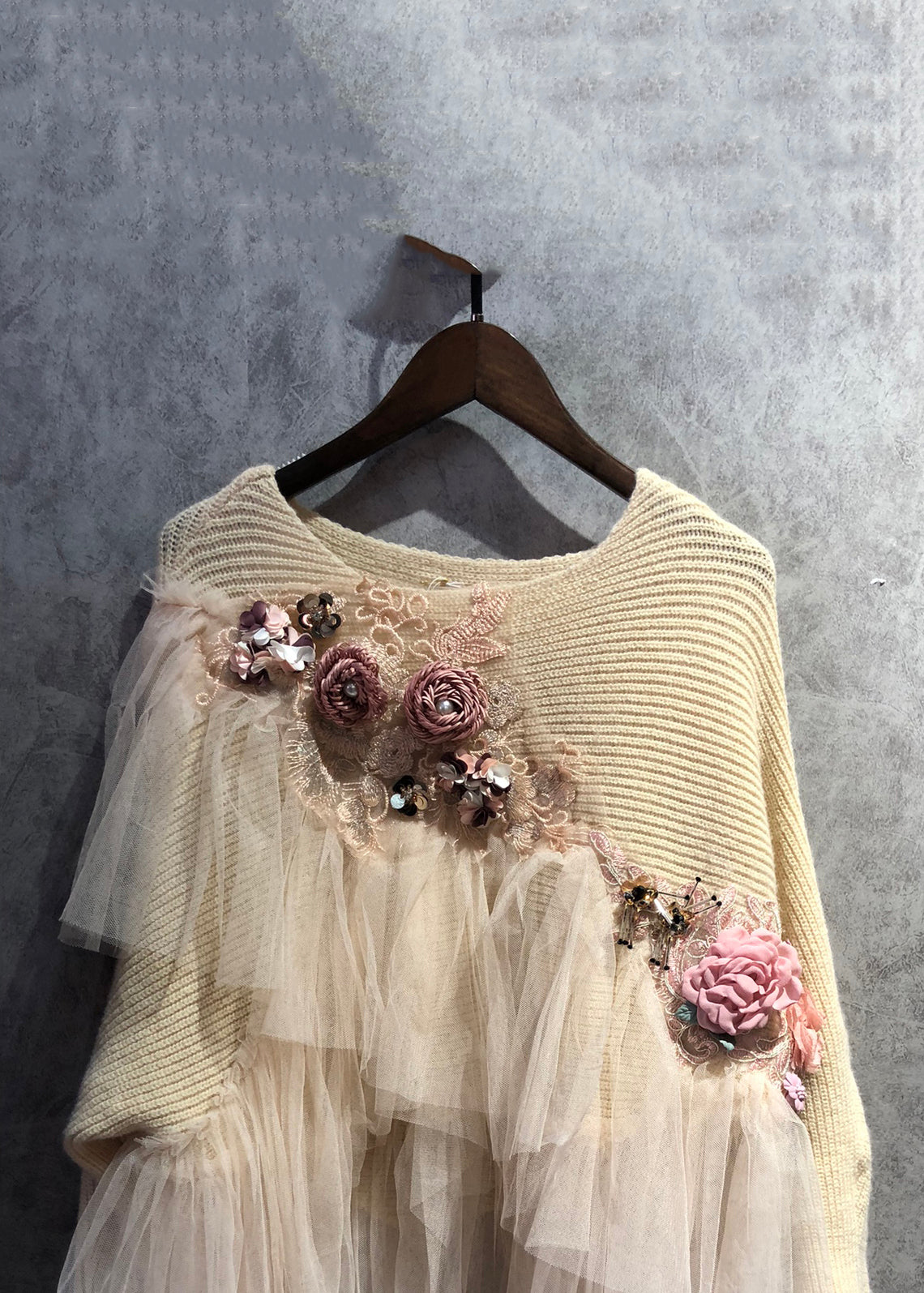 Women's Sweater Beige Knit with Tulle Patchwork Design - 3