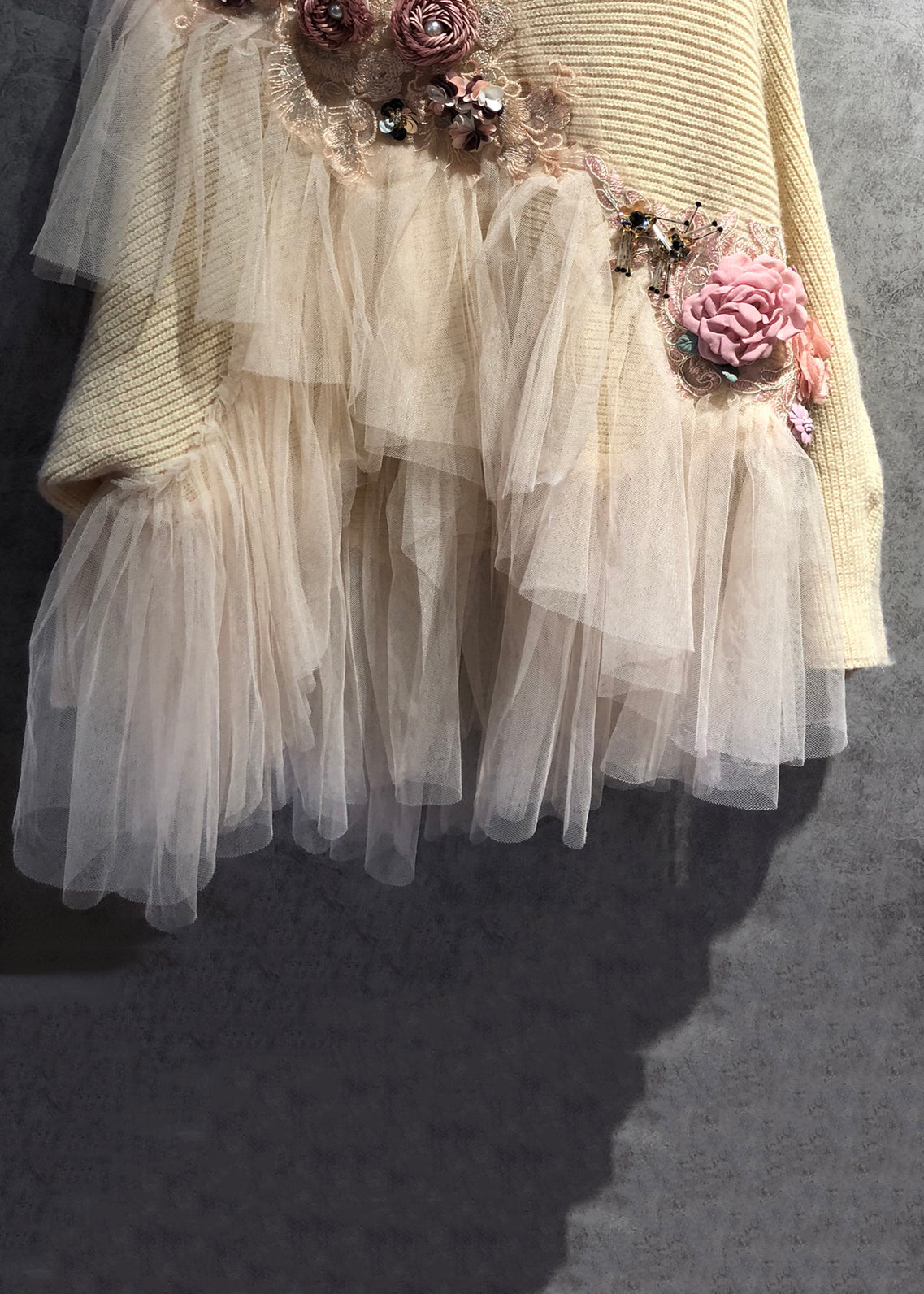 Women's Sweater Beige Knit with Tulle Patchwork Design - 4