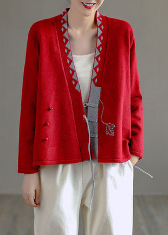 Women's Knit Sweater Beige V Neck Asymmetrical Design - 2