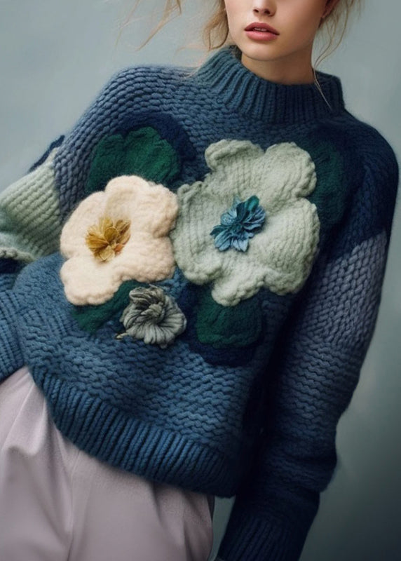 Women's Turtleneck Top Blue Cotton Knit - 1