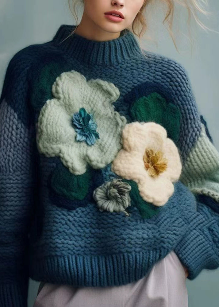 Women's Turtleneck Top Blue Cotton Knit - 2