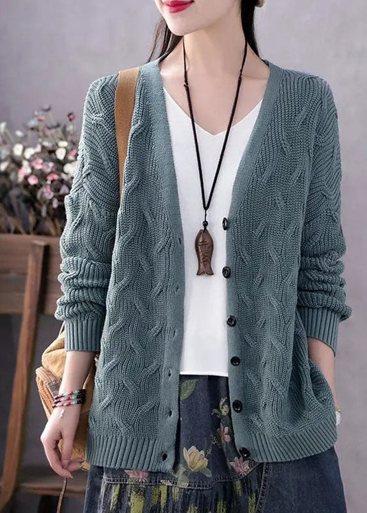 Women's Sweater Coat Blue Knit V Neck - 1