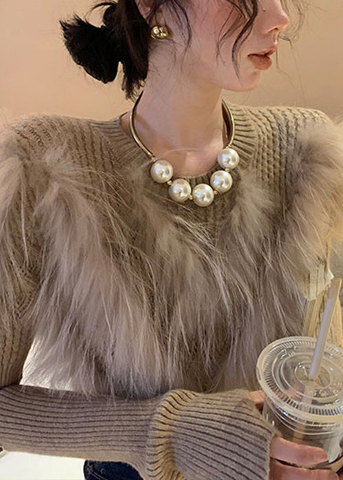 Women's Sweater Khaki Knit Leather and Fur Patchwork - 1