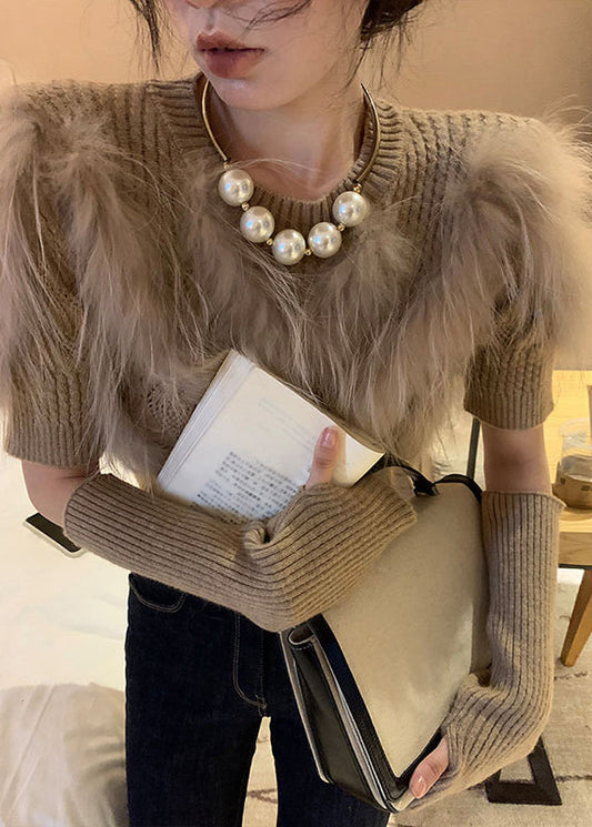 Women's Sweater Khaki Knit Leather and Fur Patchwork - 2