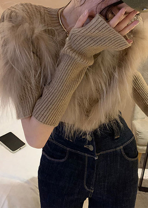 Women's Sweater Khaki Knit Leather and Fur Patchwork - 3