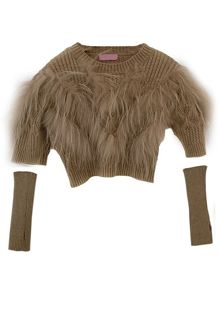 Women's Sweater Khaki Knit Leather and Fur Patchwork - 5