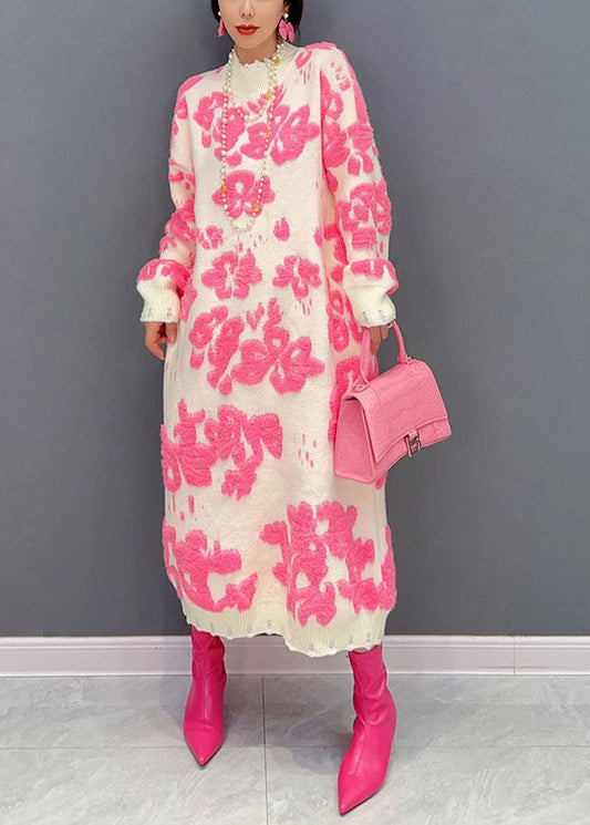 Women's Sweater Dress White Floral Knit Loose Fit - 1