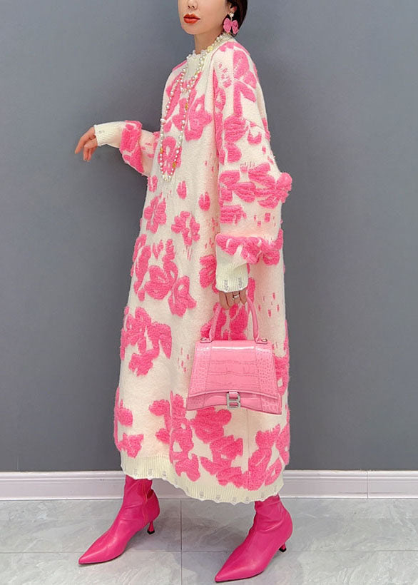 Women's Sweater Dress White Floral Knit Loose Fit - 3