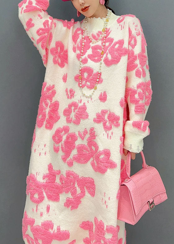 Women's Sweater Dress White Floral Knit Loose Fit - 5