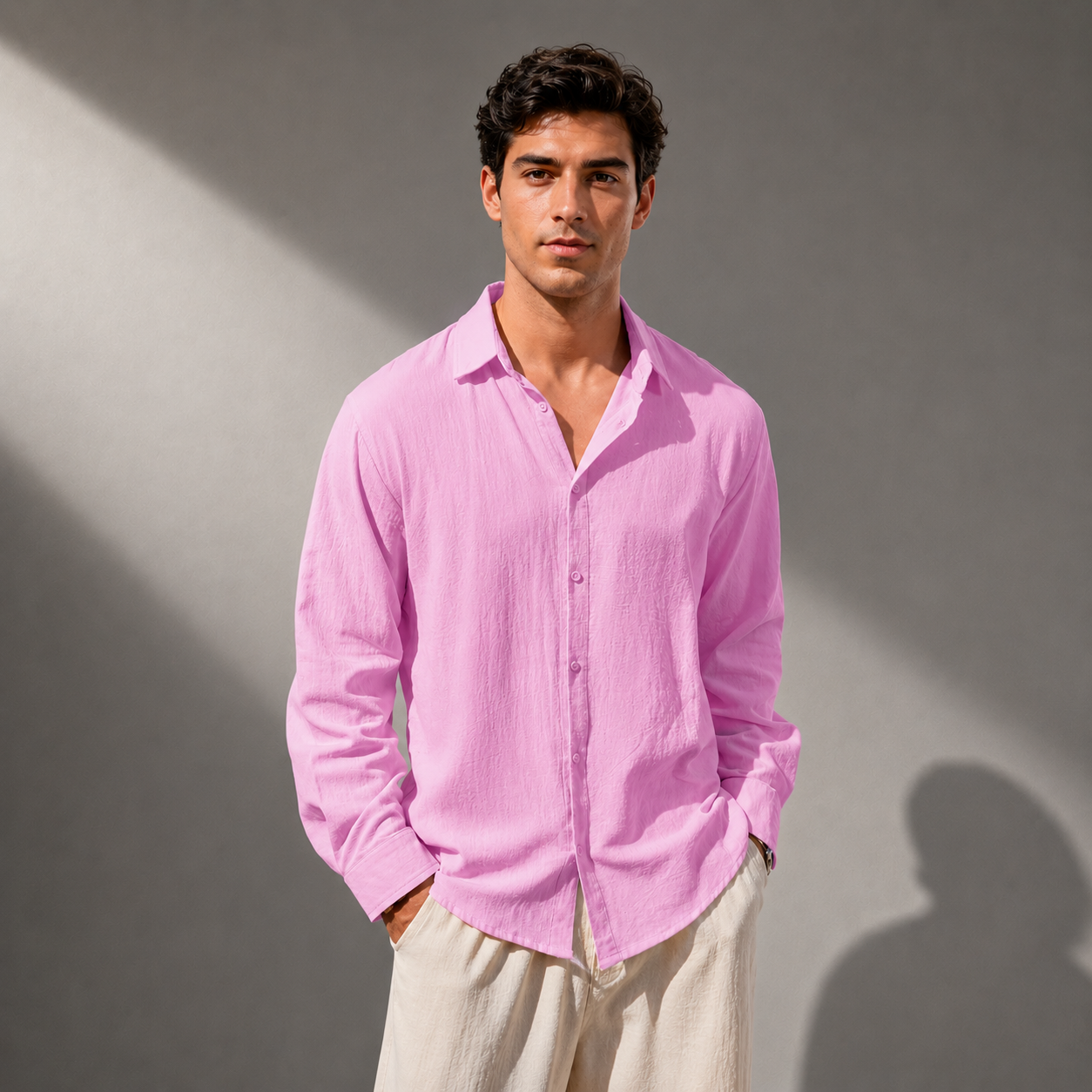 Men's Cotton Linen Classic Collar Button-Up Shirt – detail view | Hensley London