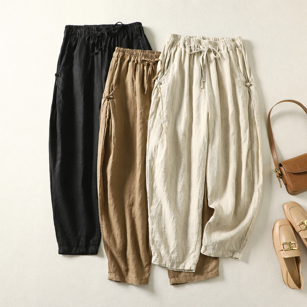 Women's High-Waist Linen Pants in Beige, Black and Brown – detail view | Hensley London