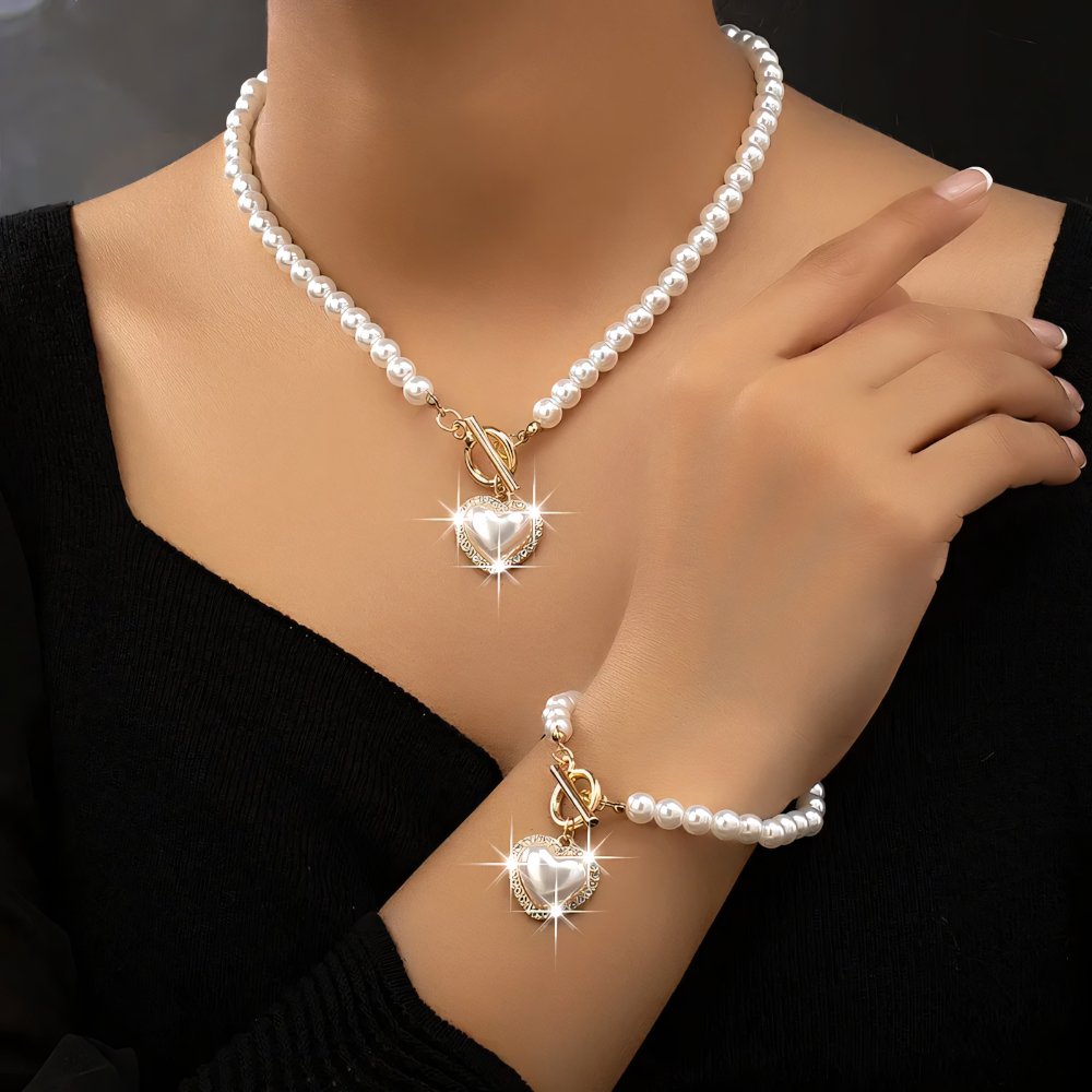 Beaded Heart Pendant Jewelry Set - Elegant Bracelet and Necklace with Imitation Pearls for Women 2