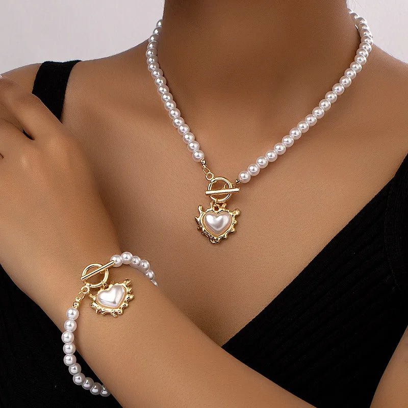 Beaded Heart Pendant Jewelry Set - Elegant Bracelet and Necklace with Imitation Pearls for Women 3