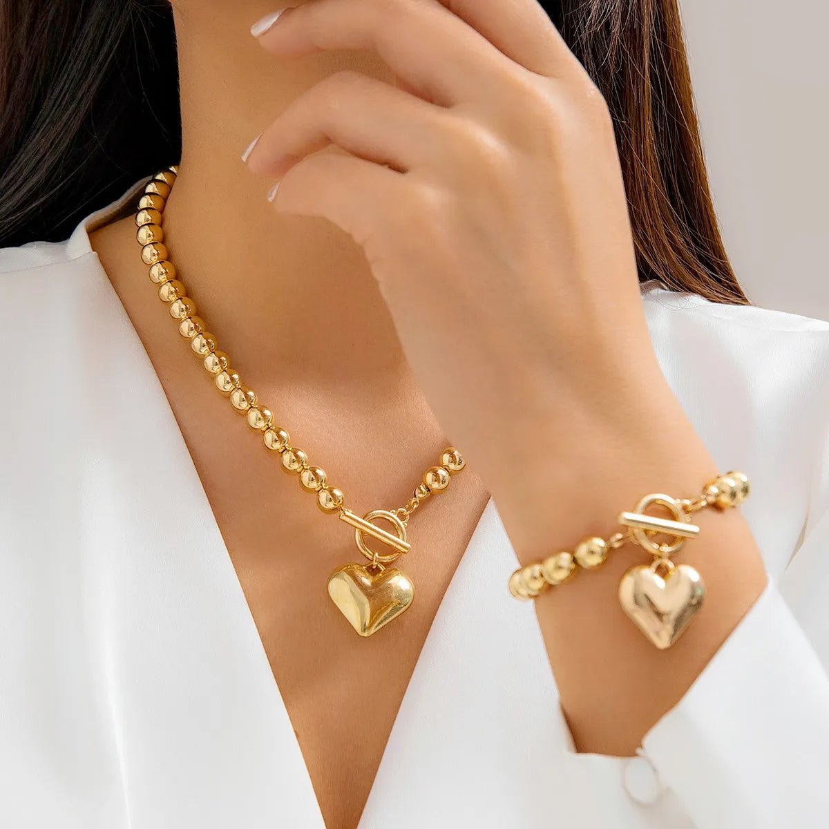 Beaded Heart Pendant Jewelry Set - Elegant Bracelet and Necklace with Imitation Pearls for Women 4