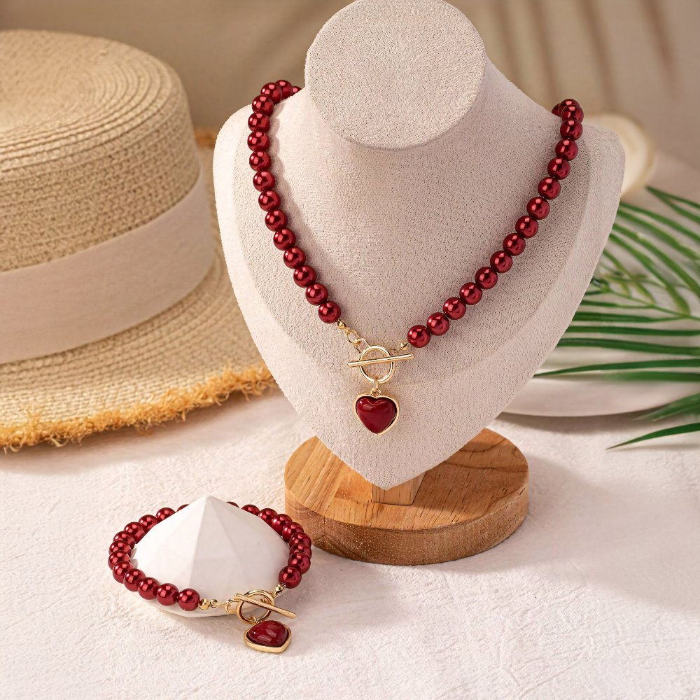 Beaded Heart Pendant Jewelry Set - Elegant Bracelet and Necklace with Imitation Pearls for Women 6